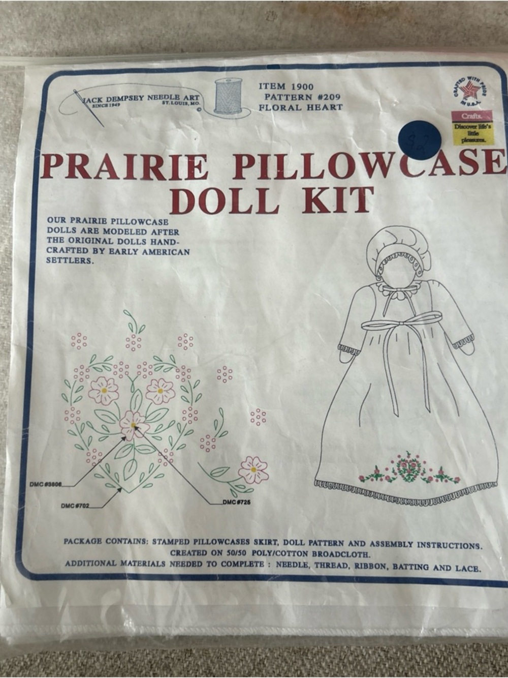 Jack Dempsey Needle Art Stamped Cross Stitch Prairie PIllowcase Doll Kit